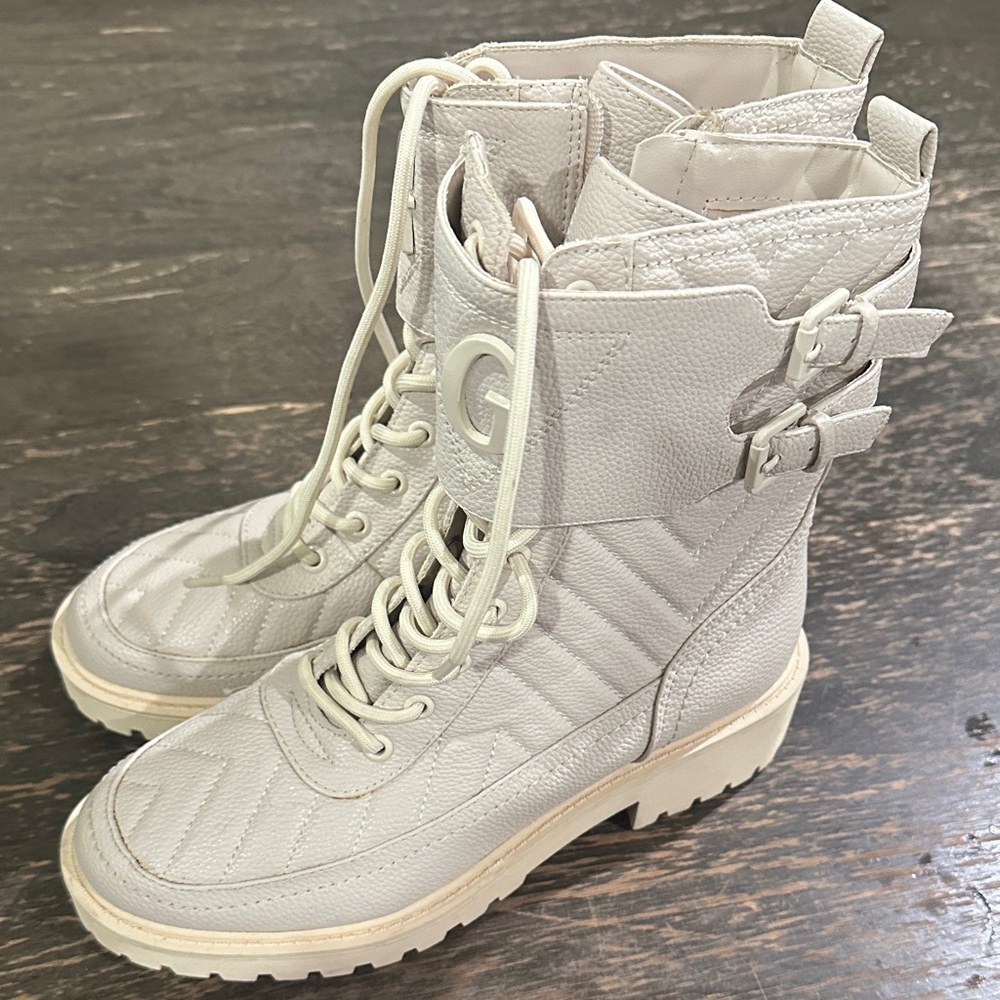 Guess Women's Lace-Up Quilted Combat Boots in Off-White/Cream
